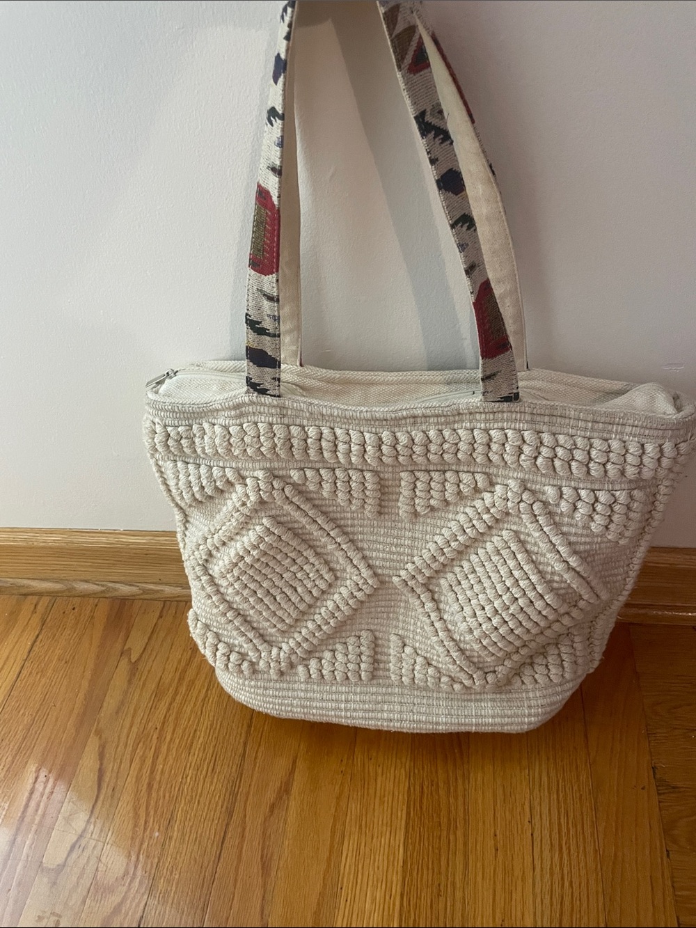 Woven Cream Tote Bag with Patterned Straps